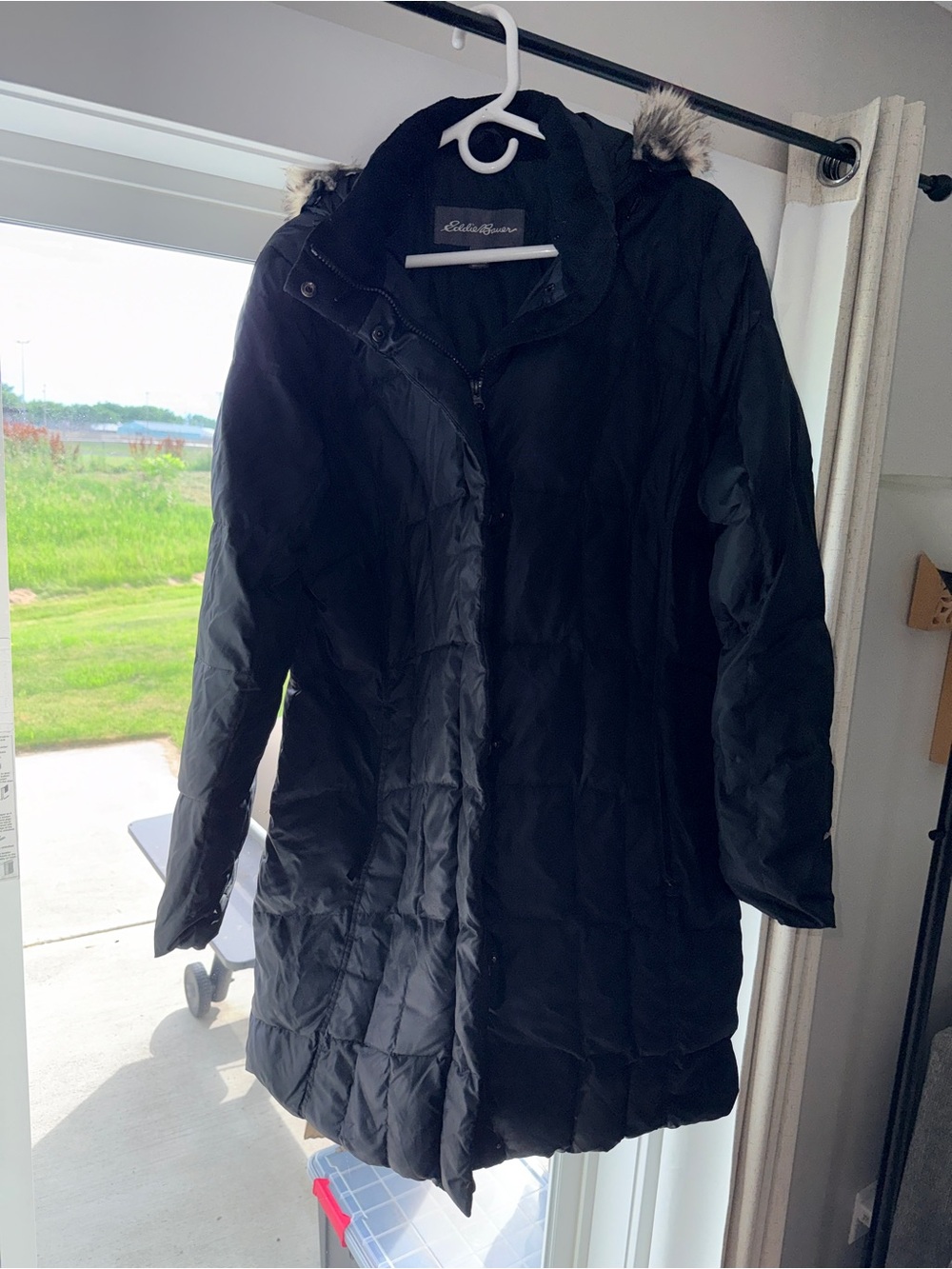 Eddie Bauer Black Quilted Hooded Puffer Coat with Faux Fur Trim